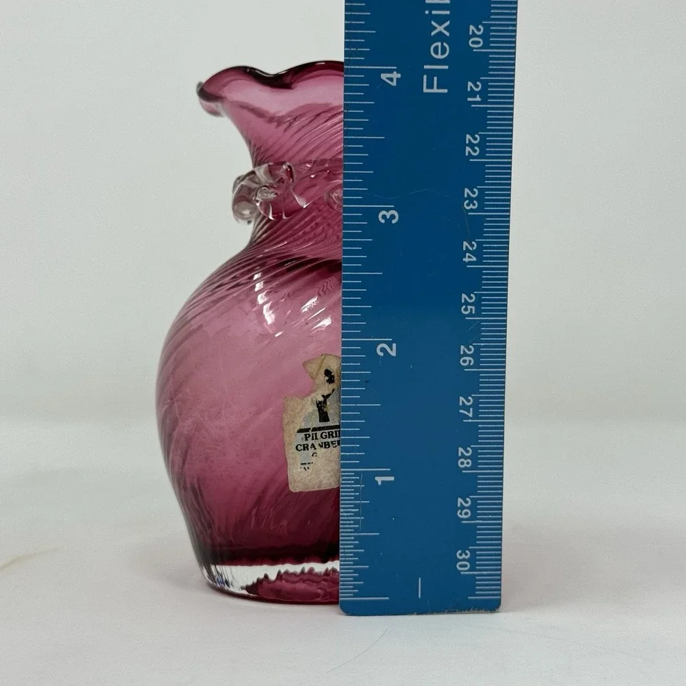 Pilgrim Cranberry Glass Hand Blown Optic Swirl Bud Vase 4.5